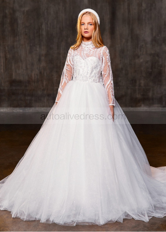 Long Sleeves Beaded White Lace Organza Shiny Flower Girl Dress Long Sleeves Beaded White Lace Organza Shiny Flower Girl Dress